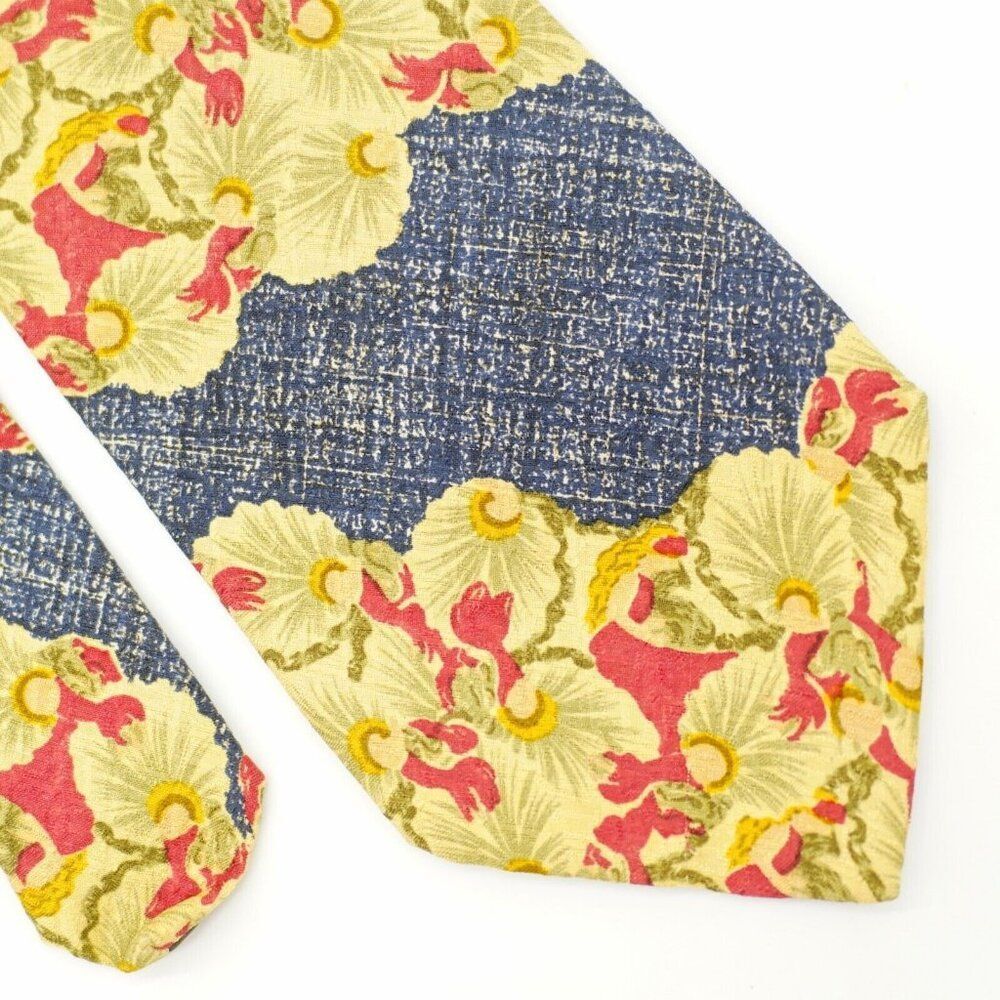 XMI Blue Green Tan Red Abstract Floral Jacquard Textured Print Wide Silk Tie